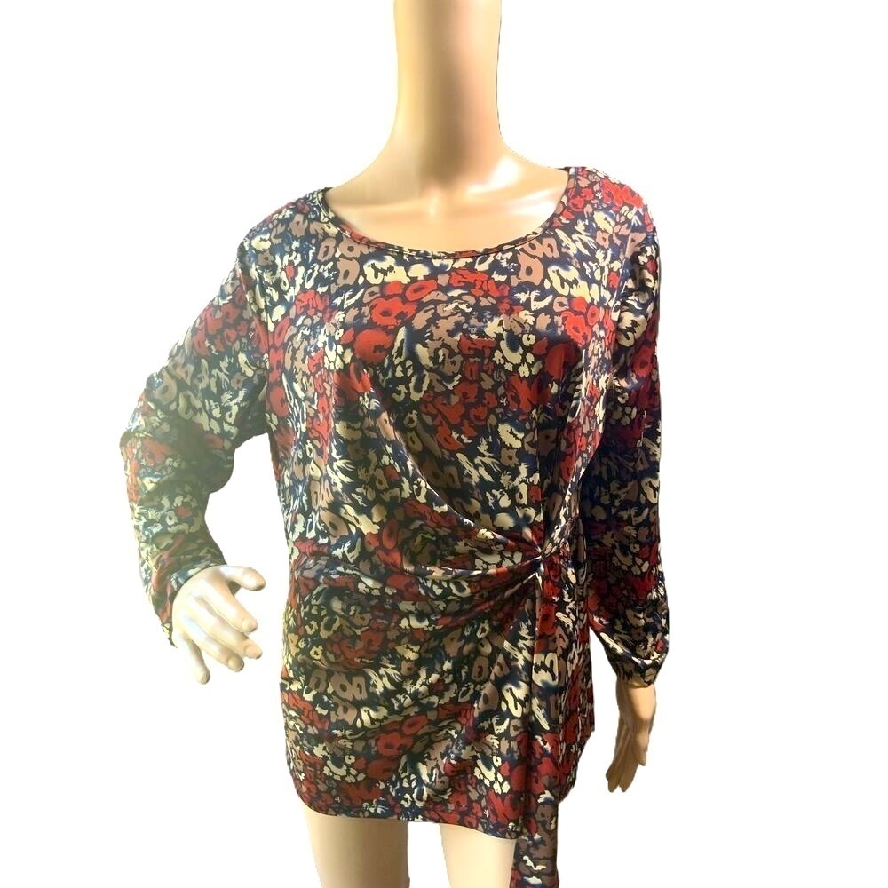Notations Floral Long Sleeve Scoop Neck Side Drape Tunic Blouse Size Large
